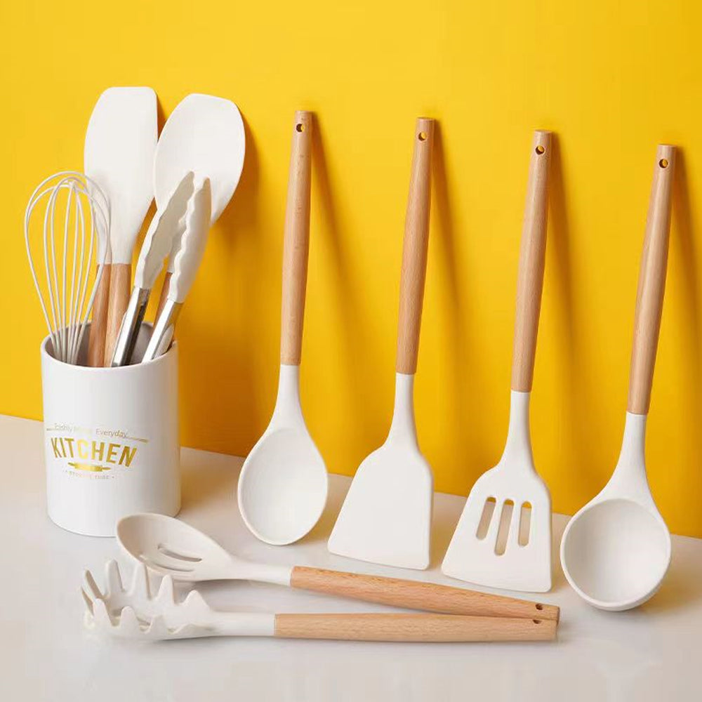 12PCS Kitchen Utensil Set - Silicone Cooking Utensils Wooden Handle With  Bucket